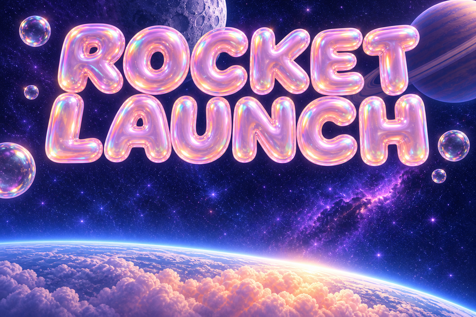 RocketLaunch in huge pearlescent glass letters, with a Shiba astronaut, rocket and green jelly alien among planets